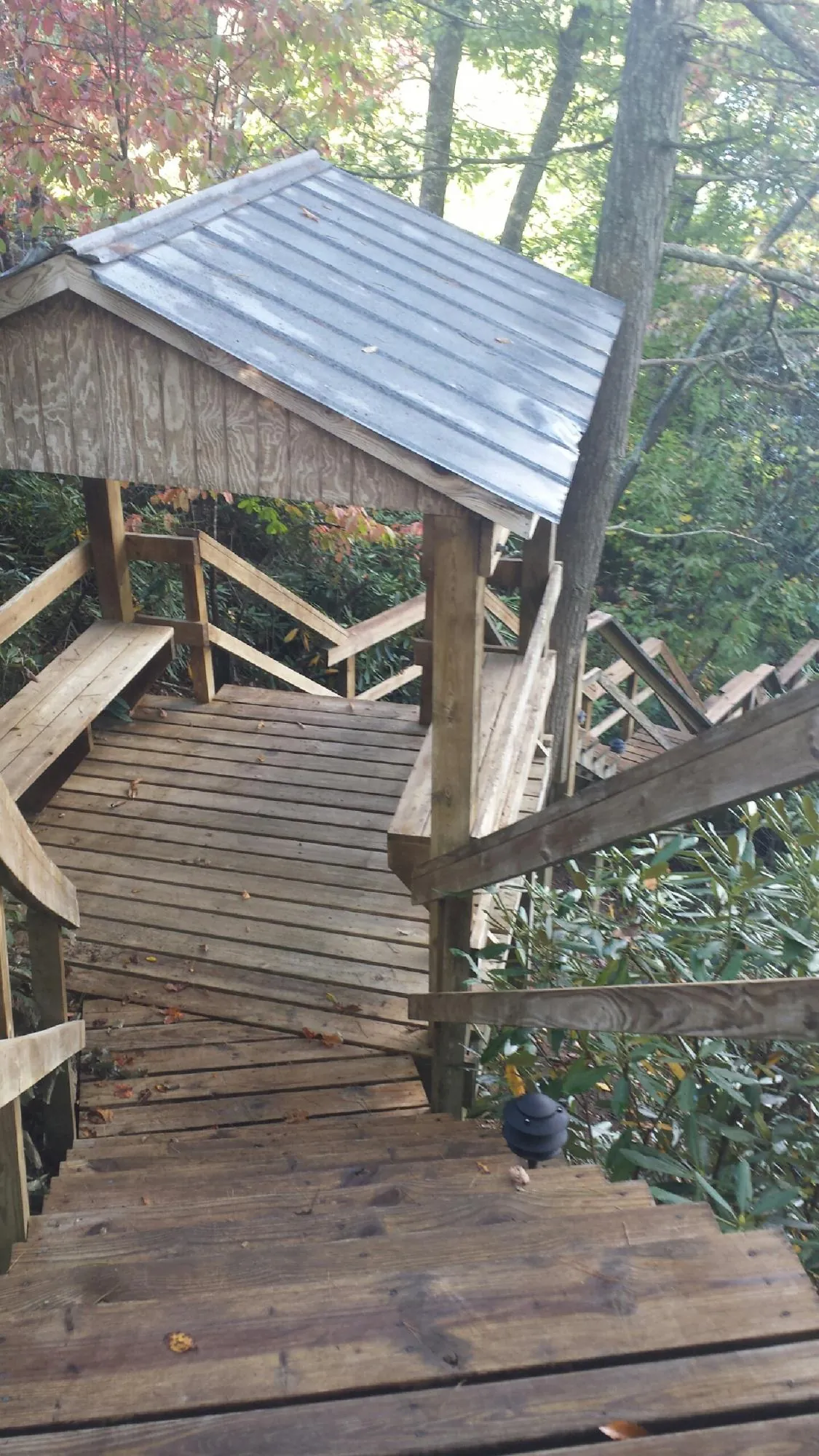 Metal roofed shelter over wooden steps on a wooded walkway — Skylight Repair & Installation work by our crew in Gravel Switch